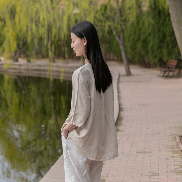 Women Linen and Cotton Middle Sleeves Cardigan Shirt