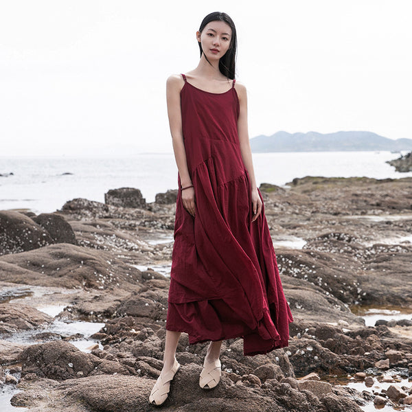 Women Loose Linen and Cotton Pure Color Slip Dress