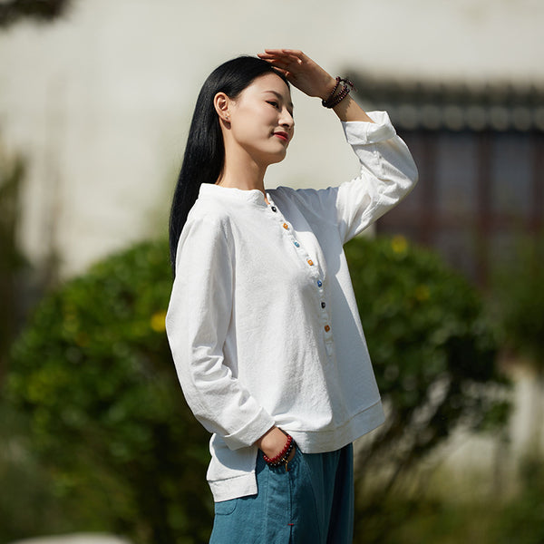 2021 Autumn NEW! Women Simple Light Style Linen and Cotton Pure Color Top Buckle Blouse Shirt