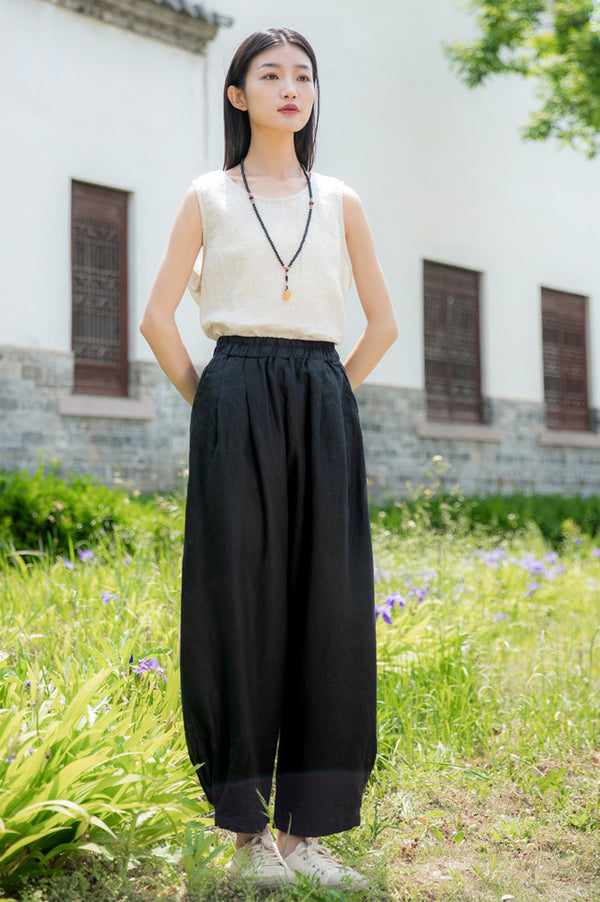 2022 Summer NEW! Women Simple Causal Lantern Style Sand Washed Linen and Cotton Cropped Pants