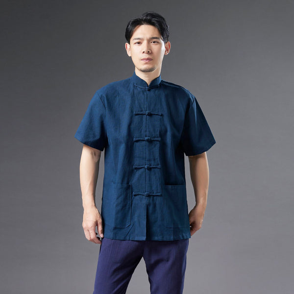 Men Retro Style Linen and Cotton Short Sleeve Pure Color Cardigan Shirts