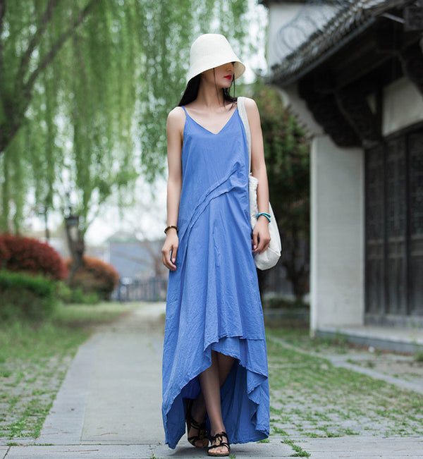 Women Loose Linen and Cotton Pure Color Layered Slip Dress