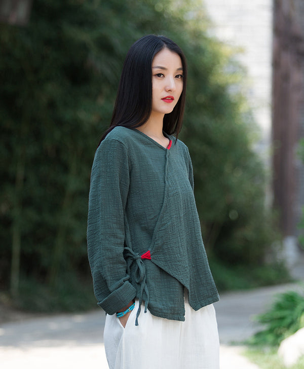 Women Zen Style Linen and Cotton Long Sleeves Side Cardigan Wrinkled Shirt