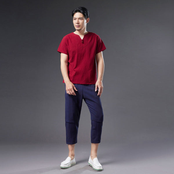 Men Causal Style V Neck Buckle Linen and Cotton Short Sleeve Tops