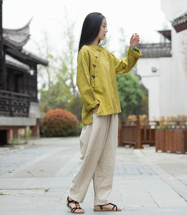 Women Round Collar Zen Style Linen and Cotton Long Sleeves Side Cardigan Shirt