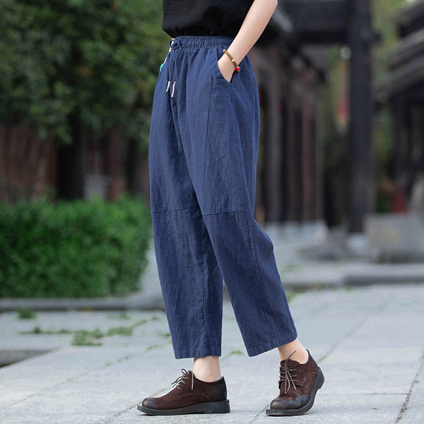 Women Linen and Cotton Causal Loose Cropped Drawstring Capris