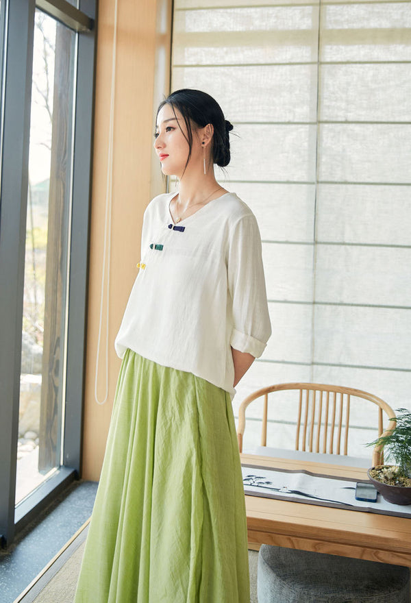 2022 Summer NEW! Women Eastern Style Linen and Cotton Mid Sleeve Shirt