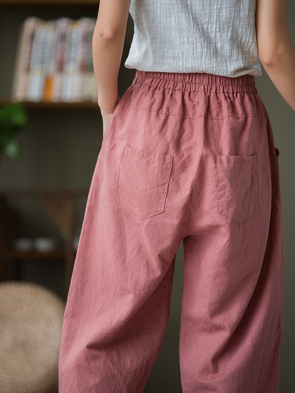 2021 Autumn NEW! Women Lantern Style Linen and Cotton Causal Patchwork Front Pocket Cropped Capris