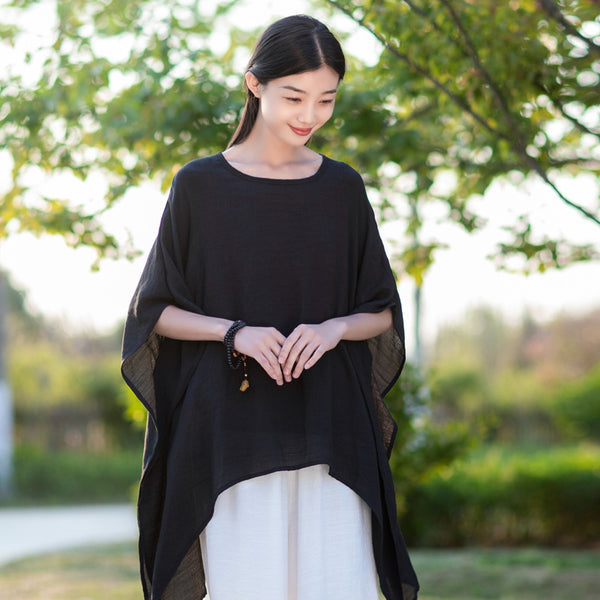 2022 Summer NEW! Women Modern Loose Style Linen and Cotton Round Necked Elbow Sleeves Shirt