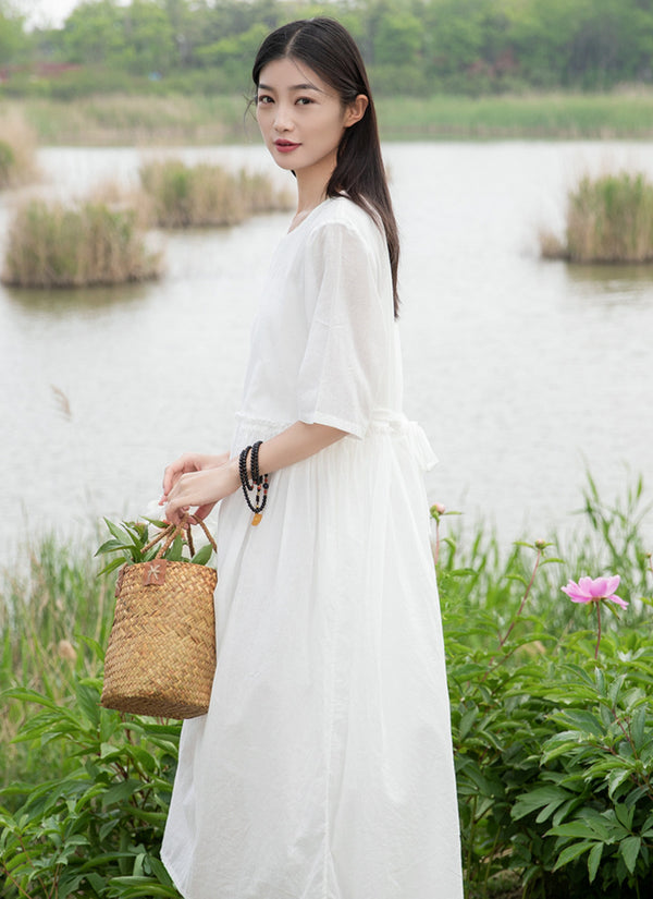 2022 Summer NEW! Women Loose Linen and Cotton Round Neck Middle Sleeve Maxi Dress