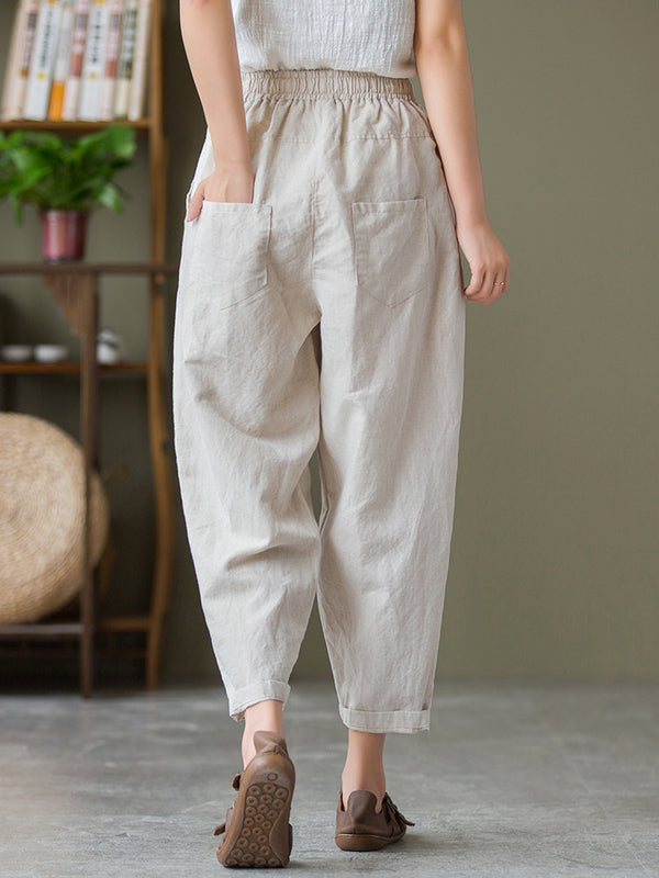2021 Autumn NEW! Women Lantern Style Linen and Cotton Causal Patchwork Front Pocket Cropped Capris