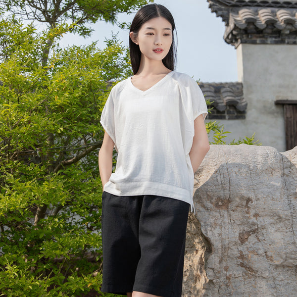2022 Summer NEW! Women Retro Style Linen and Cotton V-Necked Short Sleeves Shirt
