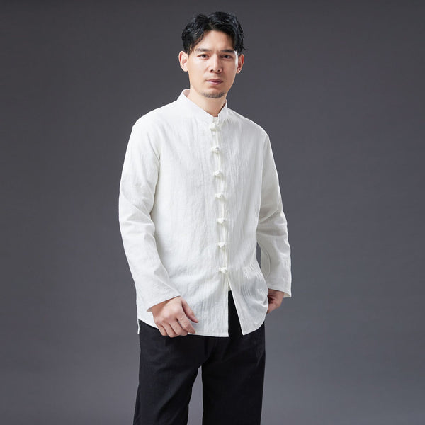 2022 Summer NEW! Men Easten Style Sand Washed Linen and Cotton Long Sleeve Middle Buckle Thin Jacket