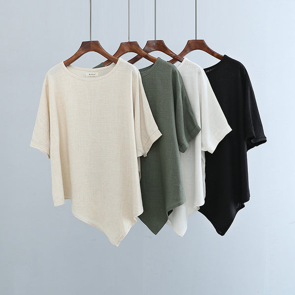 2022 Summer NEW! Women Modern Style Linen and Cotton Round Necked Mid-length Sleeves Shirt