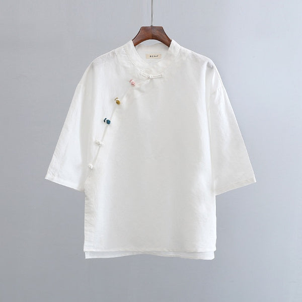 2022 Summer NEW! Women Chinese Ethnic Style Linen and Cotton Mid-length Sleeves Shirt