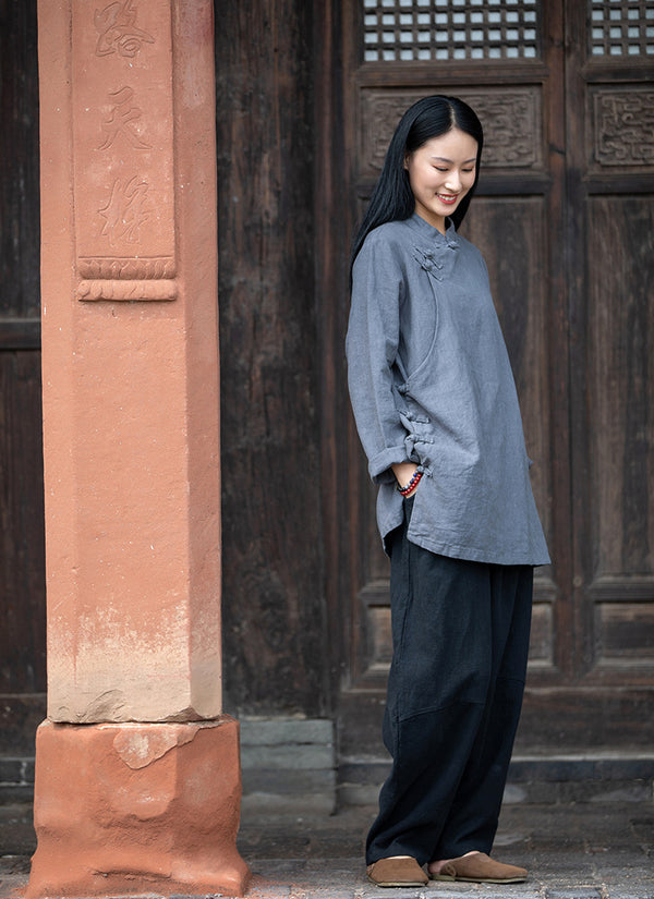 2021 Autumn NEW! Women Simple Retro Style Linen and Cotton Pure Color Top Buckle Blouse Shirt