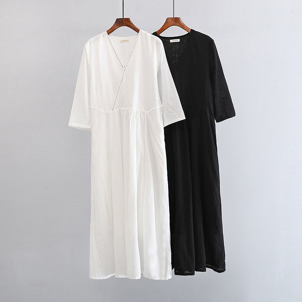 2022 Summer NEW! Women Loose Linen and Cotton V-Necked Middle Sleeve Maxi Dress
