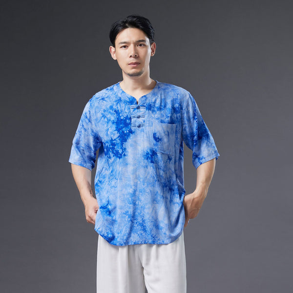 Men Causal Style Linen and Cotton Short Sleeve Dyed Color Tops