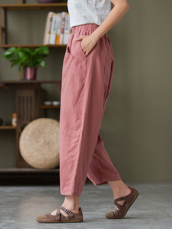 2021 Autumn NEW! Women Lantern Style Linen and Cotton Causal Patchwork Front Pocket Cropped Capris