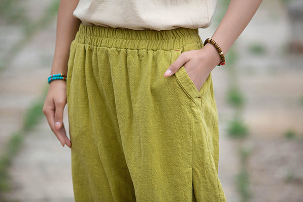 Women Linen and Cotton Causal Loose Cropped Capris