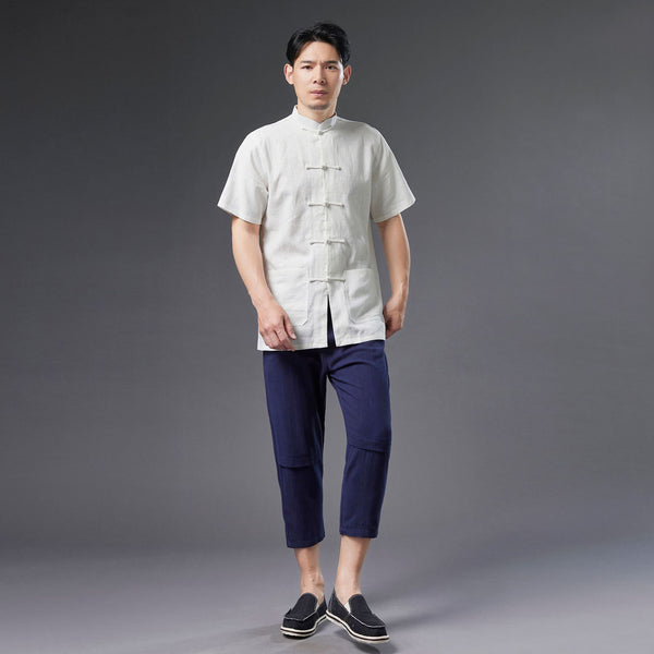 Men Retro Style Linen and Cotton Short Sleeve Pure Color Cardigan Shirts