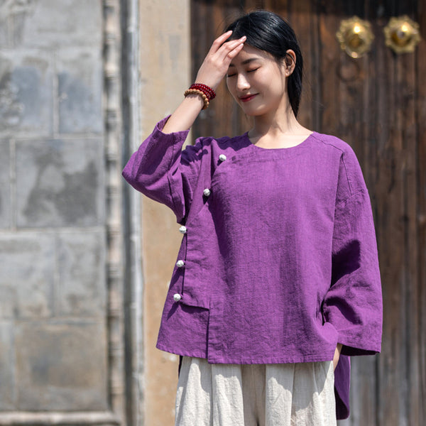 2022 Summer NEW! Women Chinese Ethnic Style Wrinkled Linen and Cotton Bracelet Sleeves Shirt