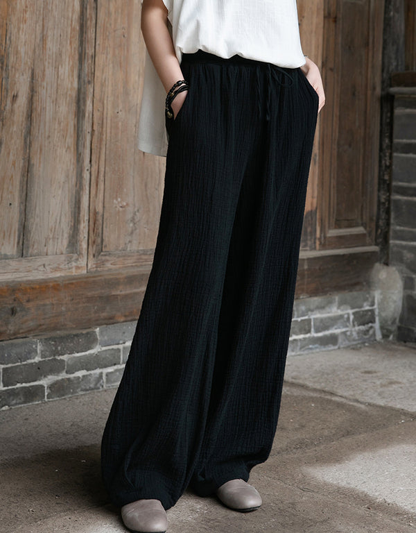 Women Retro Causal Lantern Style Linen and Cotton Wrinkle Pants