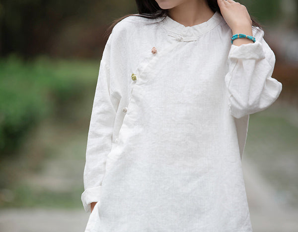 Women Round Collar Zen Style Linen and Cotton Long Sleeves Side Cardigan Shirt