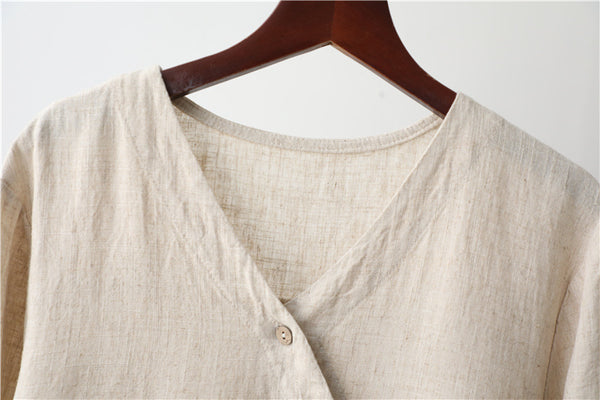 Women Linen and Cotton Middle Sleeves Cardigan Shirt