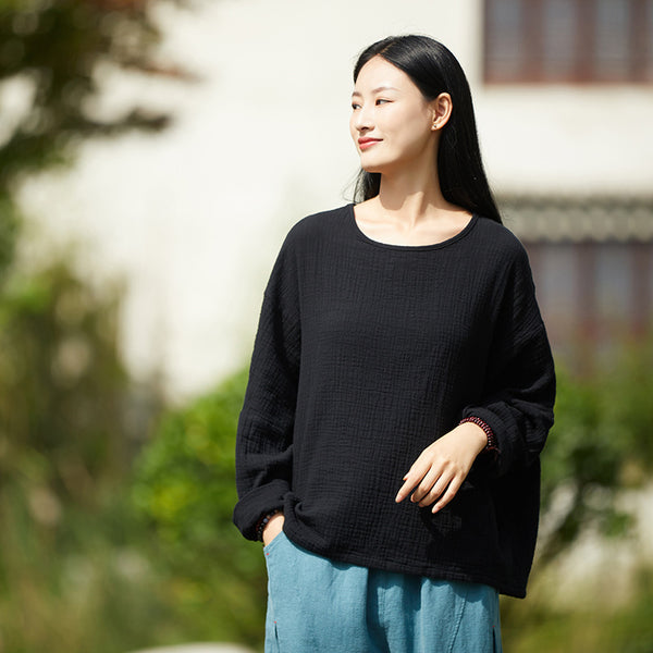 2021 Autumn NEW! Women Simple Loose Style Linen and Cotton Pure Color Round Neck T-Shirt