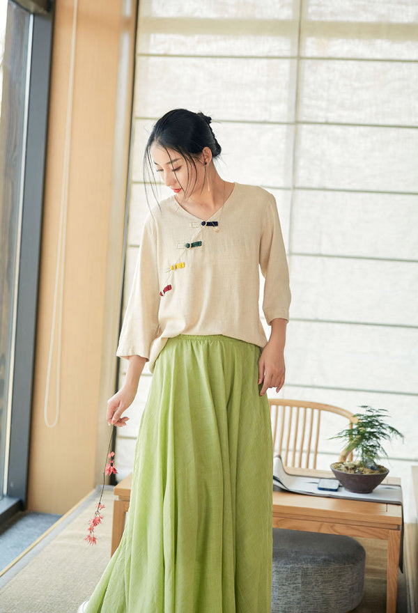 2022 Summer NEW! Women Eastern Style Linen and Cotton Mid Sleeve Shirt