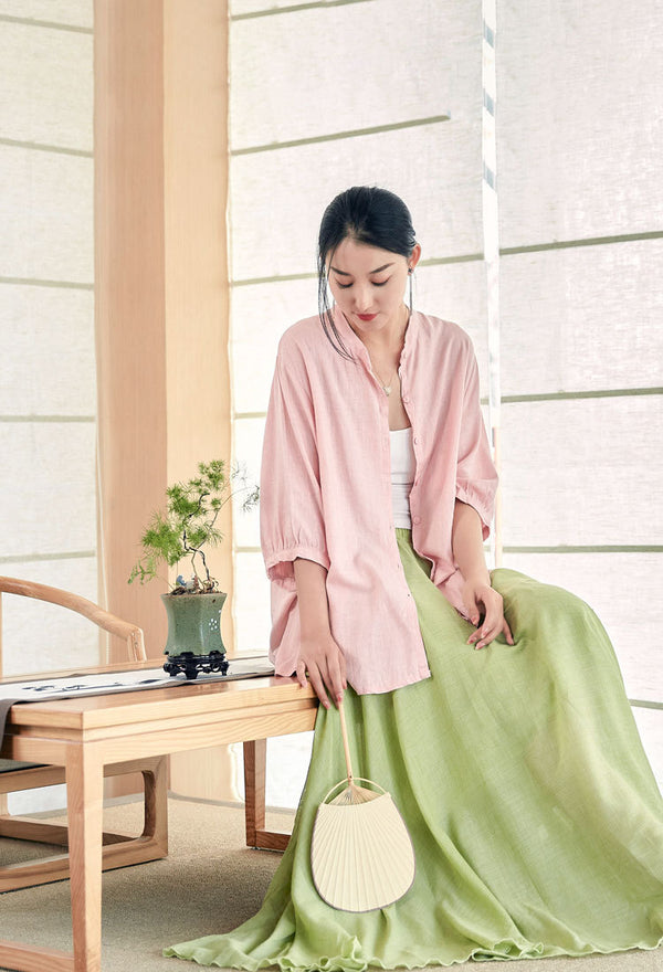 2022 Summer NEW! Women Modern Style Linen and Cotton Round Collar Mid Sleeve Shirt