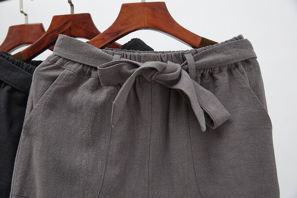 2021 Autumn NEW! Men Retro Style Linen and Cotton Drawstring Wide Leg Cropped Pants