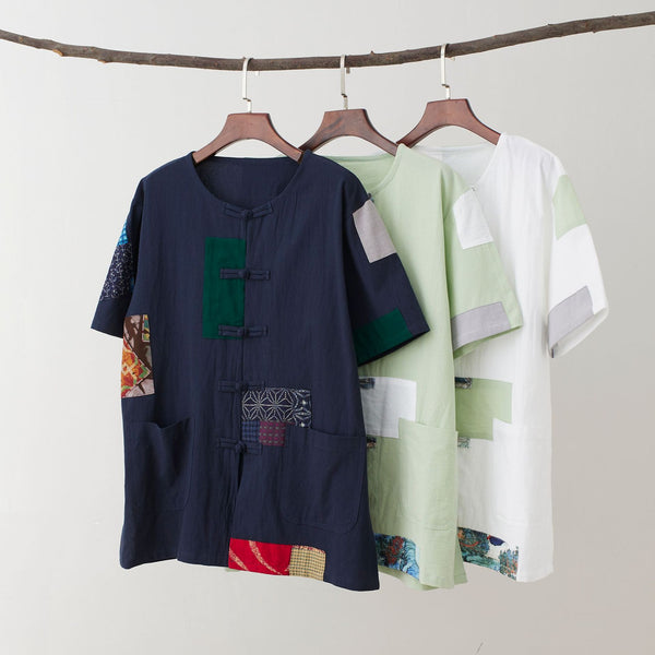 Men Retro Style Linen and Cotton Short Sleeve Patchwork Cardigan Shirts