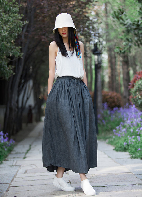 Women Simple Linen and Cotton Loose Accordion Skirt