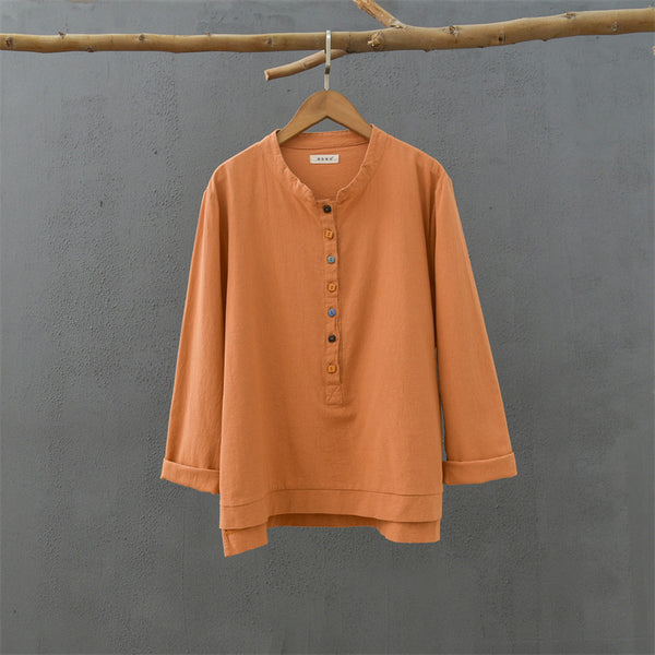 2021 Autumn NEW! Women Simple Light Style Linen and Cotton Pure Color Top Buckle Blouse Shirt