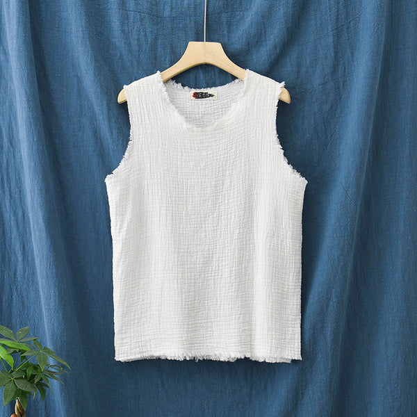 Women Linen and Cotton Sleeveless Wrinkled T-Shirt