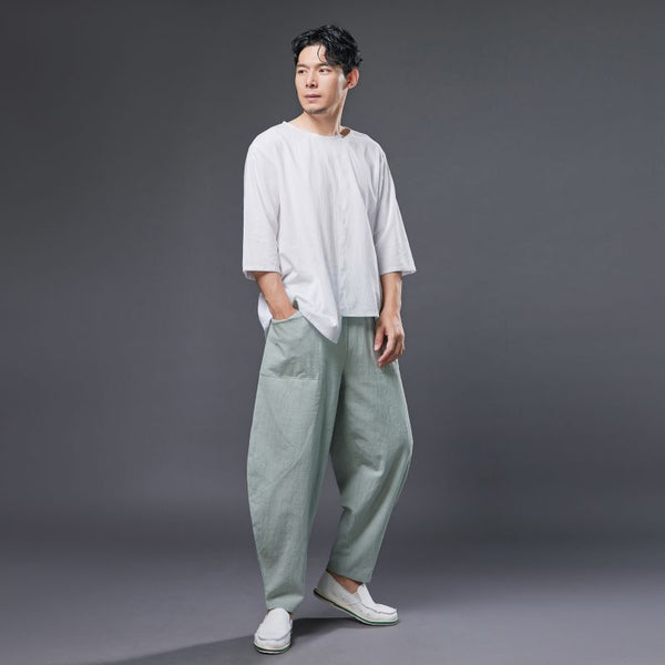 2022 Summer NEW! Men Causal Style Linen and Cotton Big Pockets Small Leg Pants