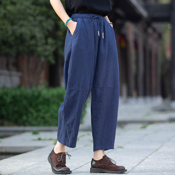 Women Linen and Cotton Causal Loose Cropped Drawstring Capris
