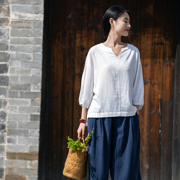 2022 Summer NEW! Women Simple Style Wrinkled Linen and Cotton V Necked Bracelet Sleeves Shirt