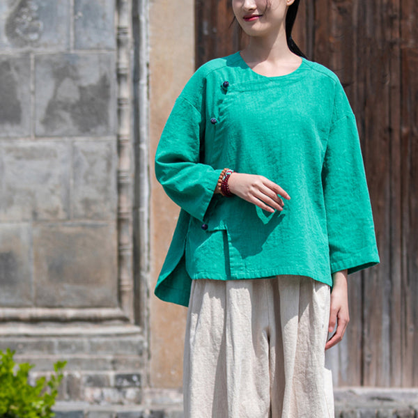 2022 Summer NEW! Women Chinese Ethnic Style Wrinkled Linen and Cotton Bracelet Sleeves Shirt