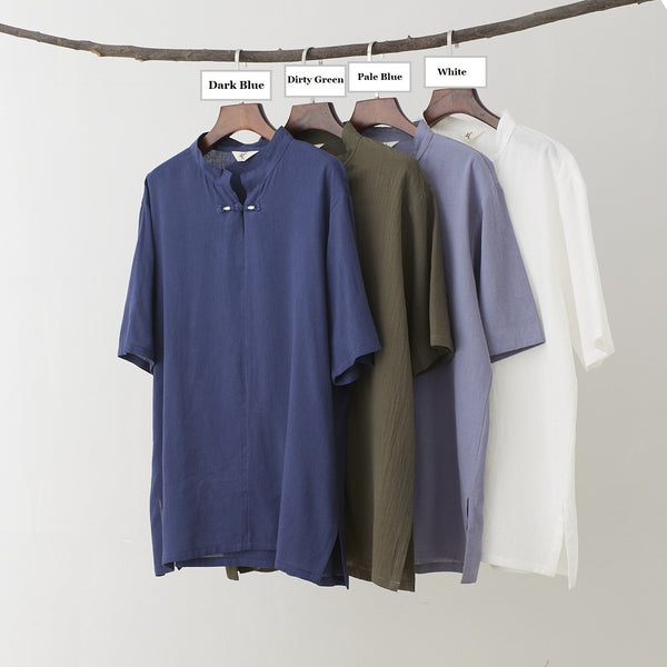 Men Causal Style Round Collar Buckle Linen and Cotton Short Sleeve Tops