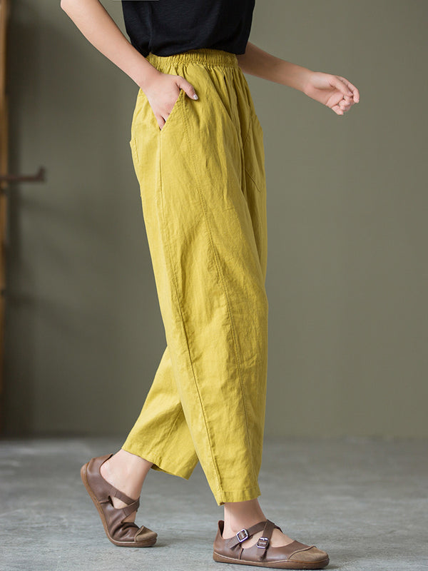 2021 Autumn NEW! Women Lantern Style Linen and Cotton Causal Patchwork Front Pocket Cropped Capris