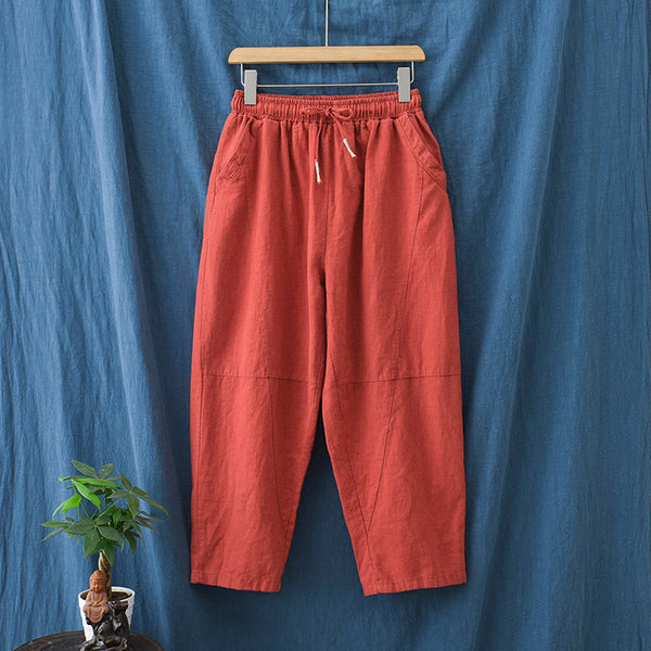 Women Linen and Cotton Causal Loose Cropped Drawstring Capris