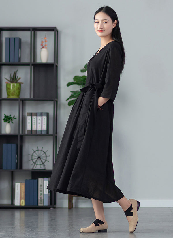 2022 Summer NEW! Women Loose Linen and Cotton V-Necked Middle Sleeve Maxi Dress