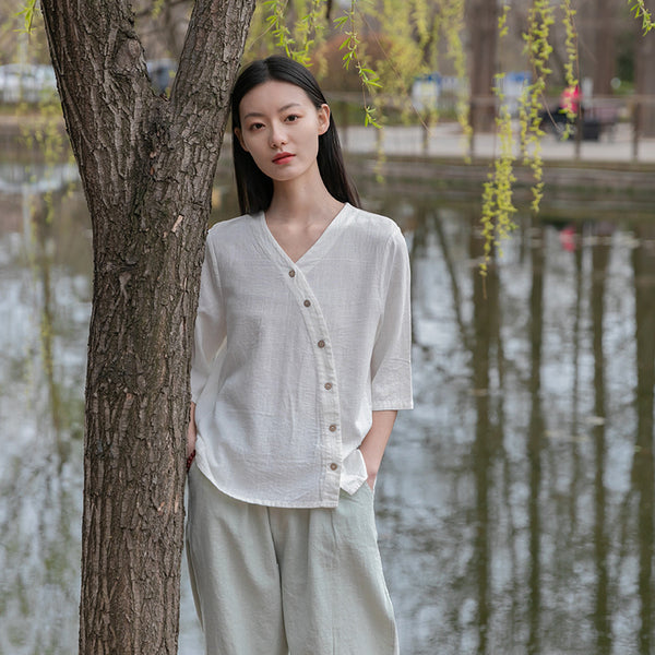 Women Linen and Cotton Middle Sleeves Cardigan Shirt