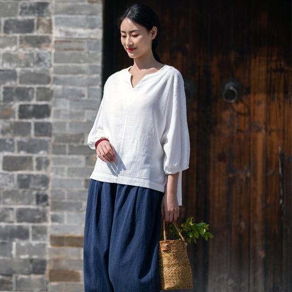 2022 Summer NEW! Women Simple Style Wrinkled Linen and Cotton V Necked Bracelet Sleeves Shirt