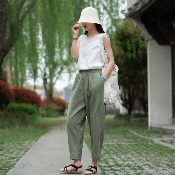 Women Linen and Cotton Causal Loose Cropped Capris