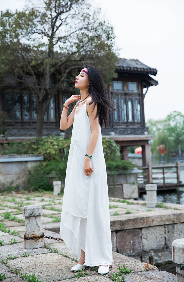 Women Loose Linen and Cotton Pure Color Layered Slip Dress