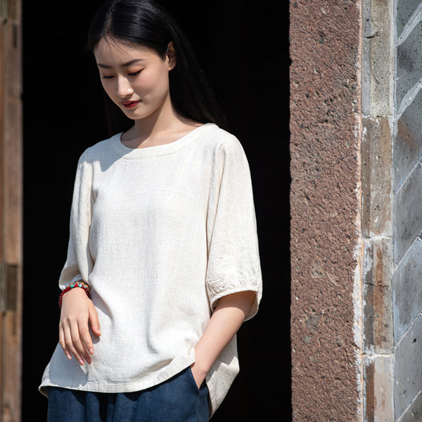 2022 Summer NEW! Women Simple Style Wrinkled Linen and Cotton Middle Sleeves Shirt